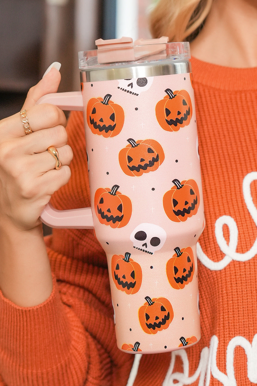 Orange Halloween Pumpkin Skull Print Handle Straw Tumbler