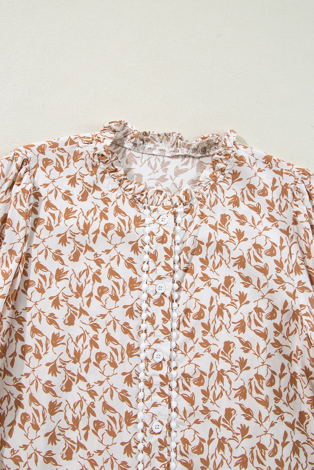 Khaki Printed Floral Print Lace Detail Puff Sleeve Shirt