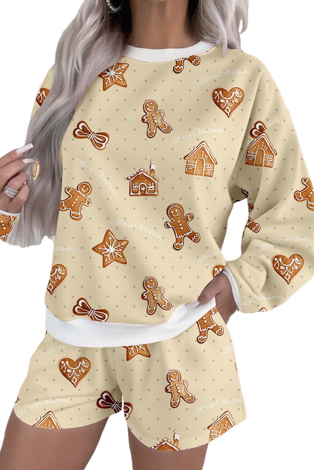 Beige Christmas Gingerbread Print Long Sleeve Pullover Shorts Holiday Pajama Set