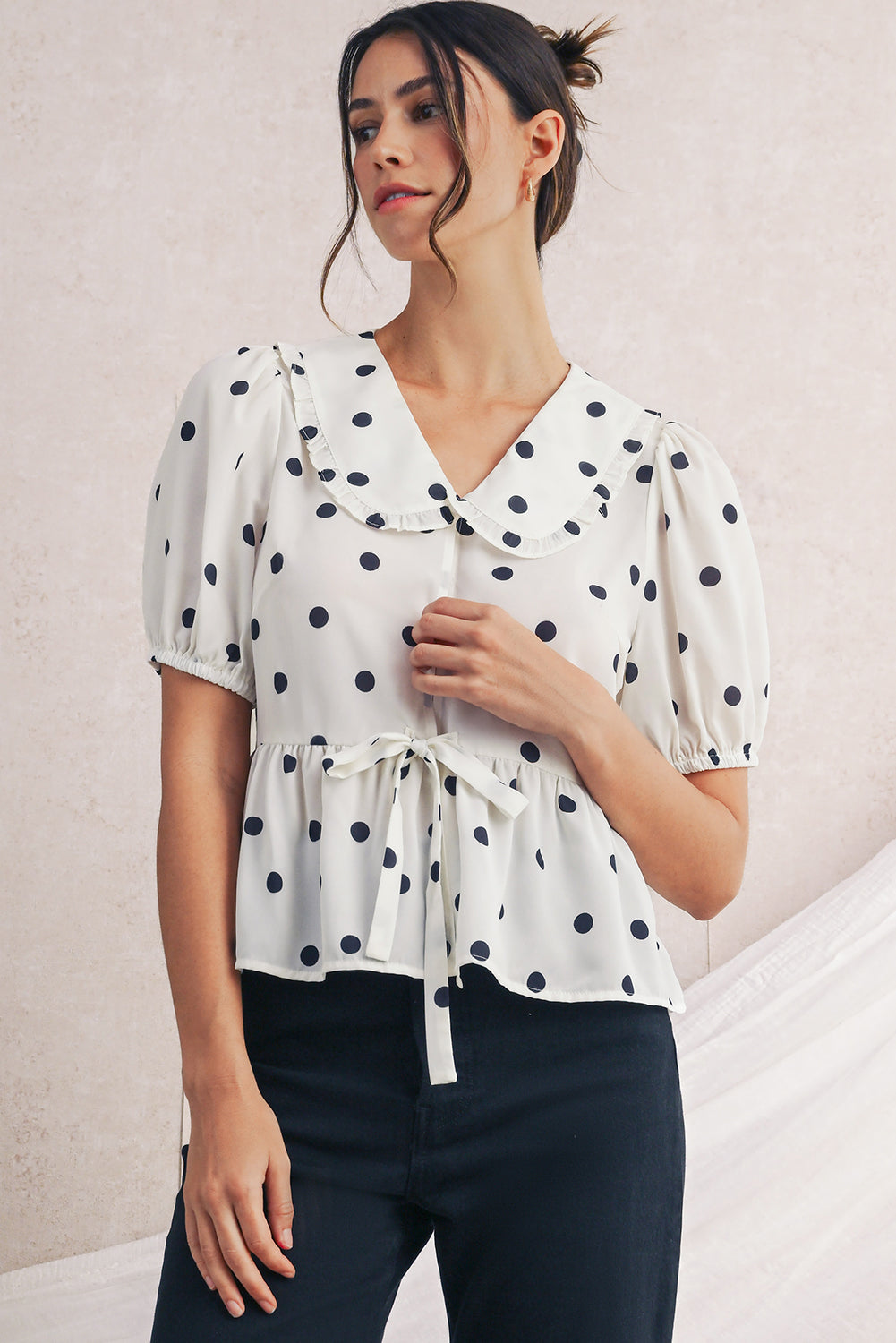 White Polka Dot Peter Pan Collar Bow Front Blouse