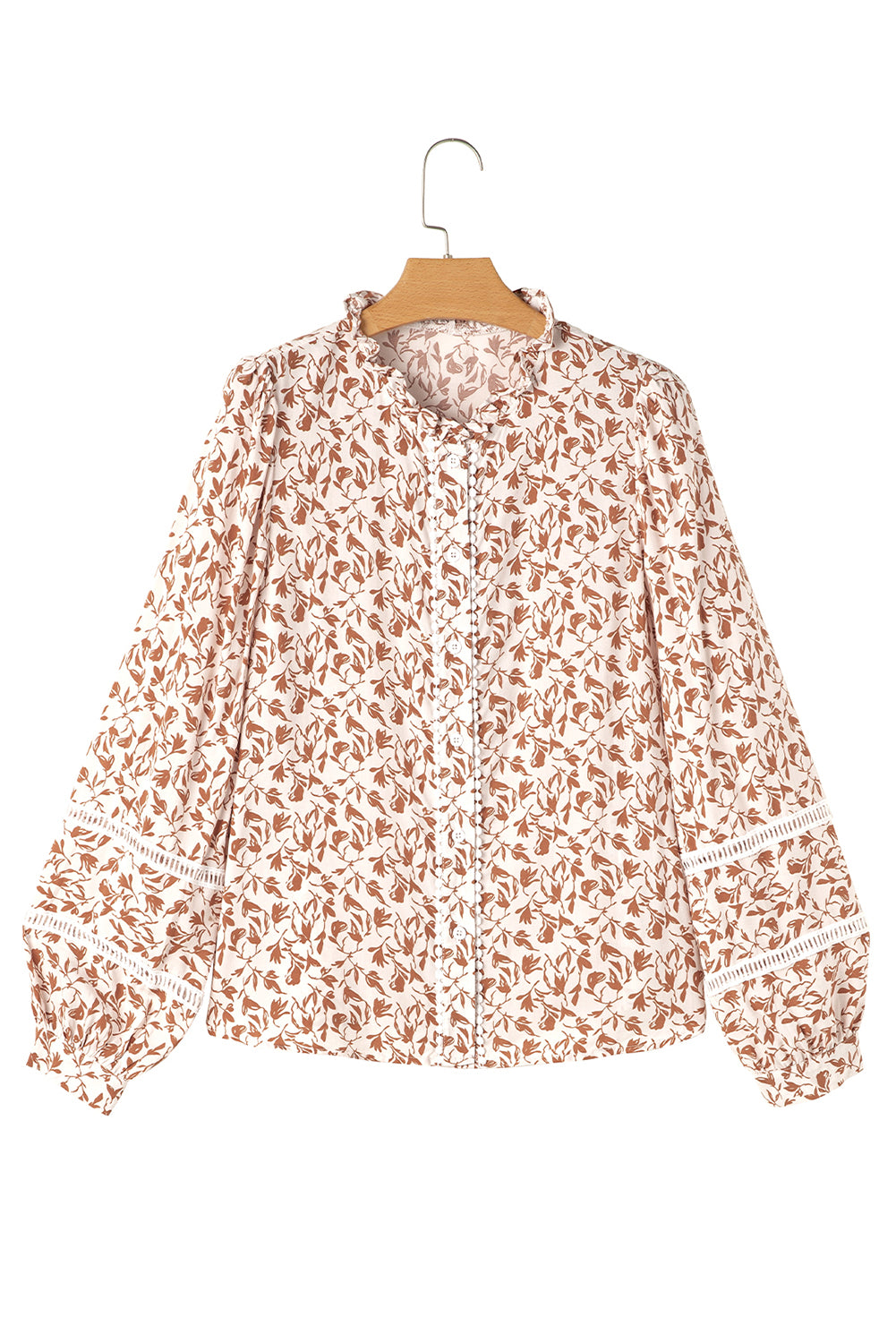 Khaki Printed Floral Print Lace Detail Puff Sleeve Shirt