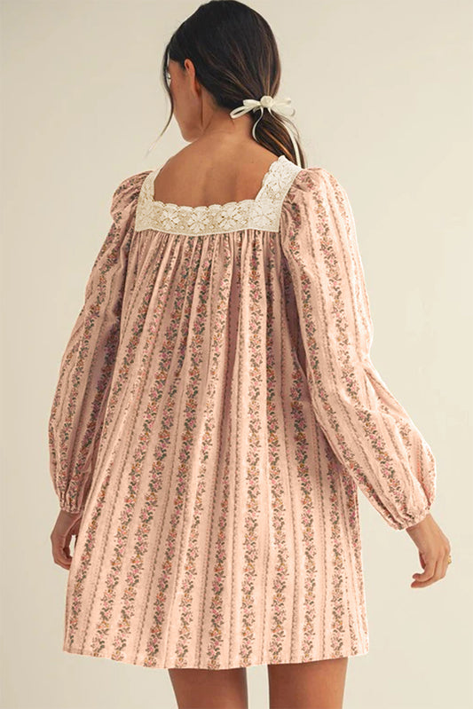 Khaki Velvet Bow Front Floral Print Long Sleeve Short Dress