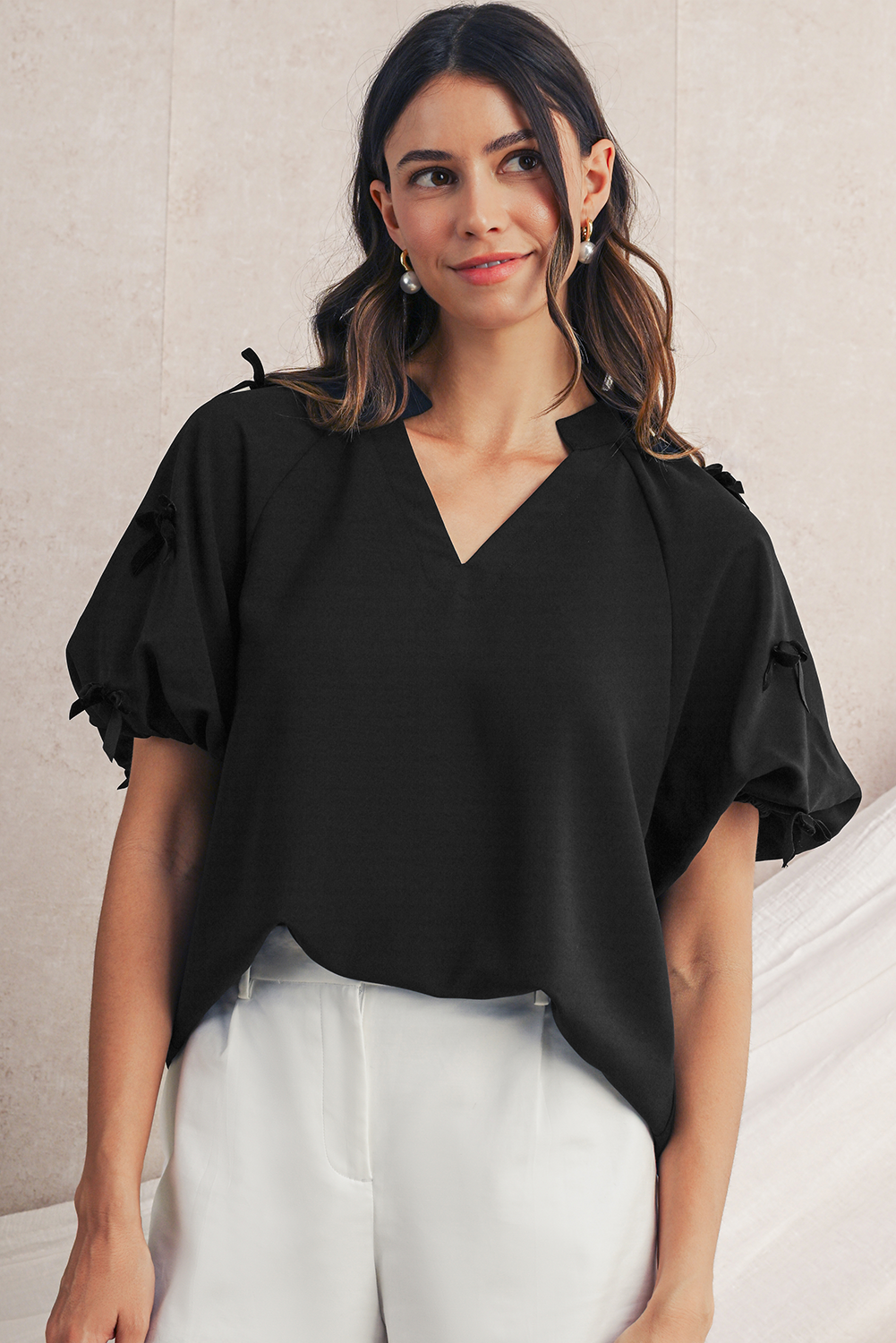 Black V Neck Bow Detail Puff Sleeve Blouse