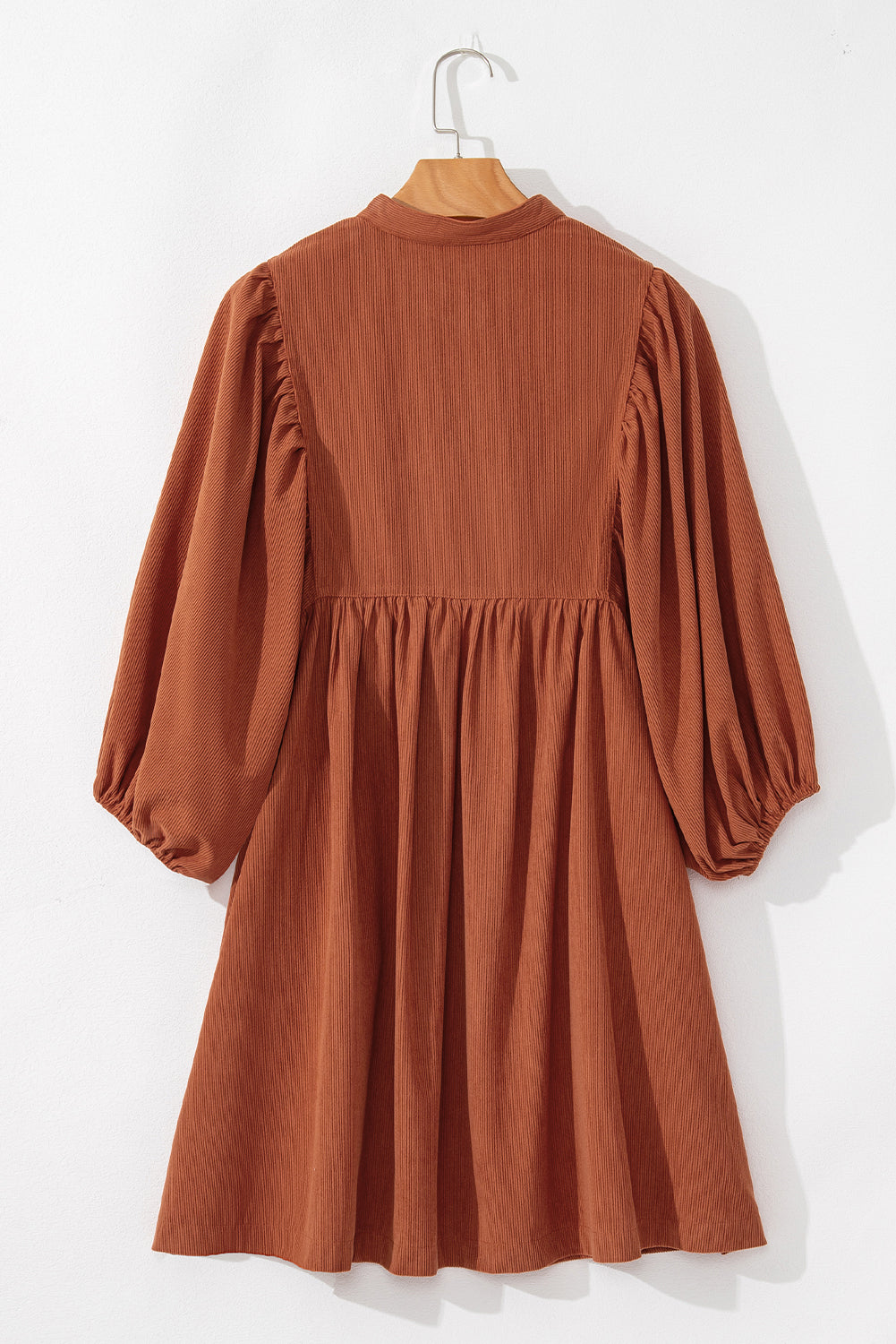 Light Snap Button Empire Waist Lantern Sleeve Corduroy Dress