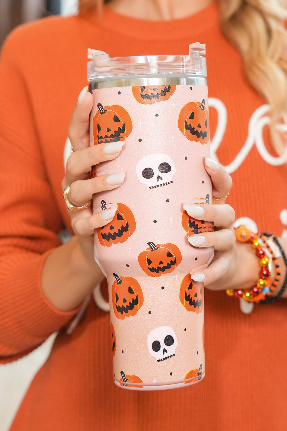 Orange Halloween Pumpkin Skull Print Handle Straw Tumbler