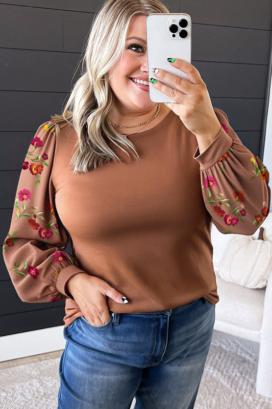 Brown Floral Puff Sleeve Round Neck Plus Size Blouse