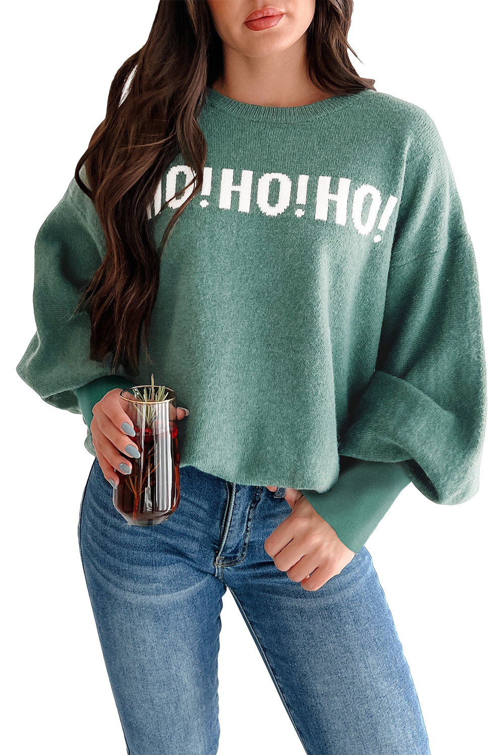 Green MERRY CHRISTMAS HO HO HO Drop Shoulder Loose Sweater