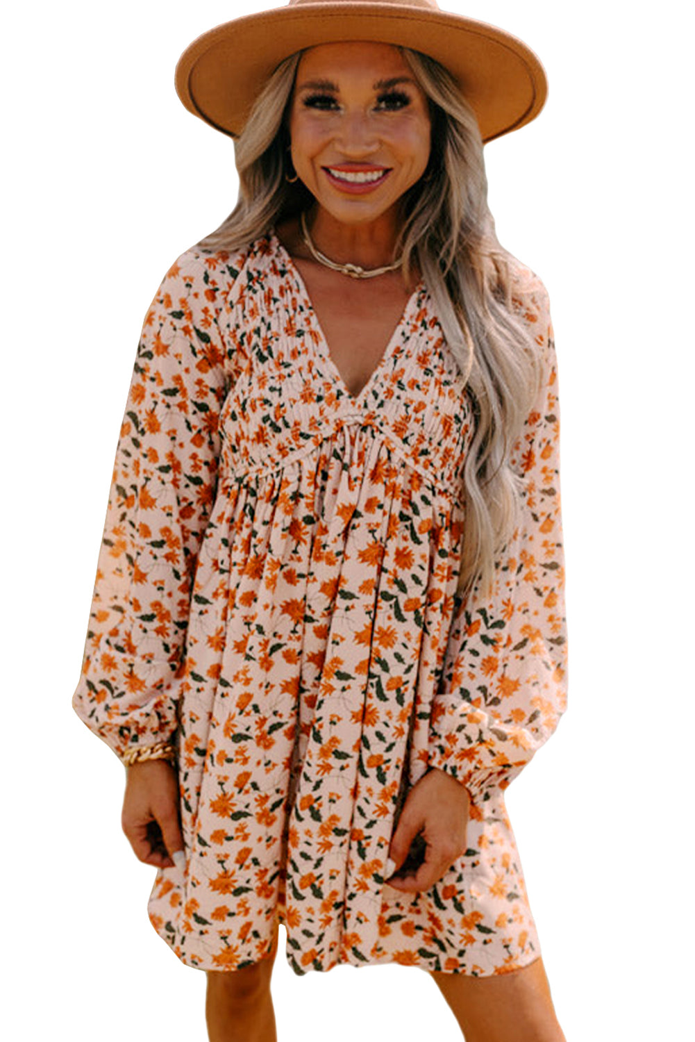 Floral Smocked V Neck Bubble Sleeve Babydoll Dress