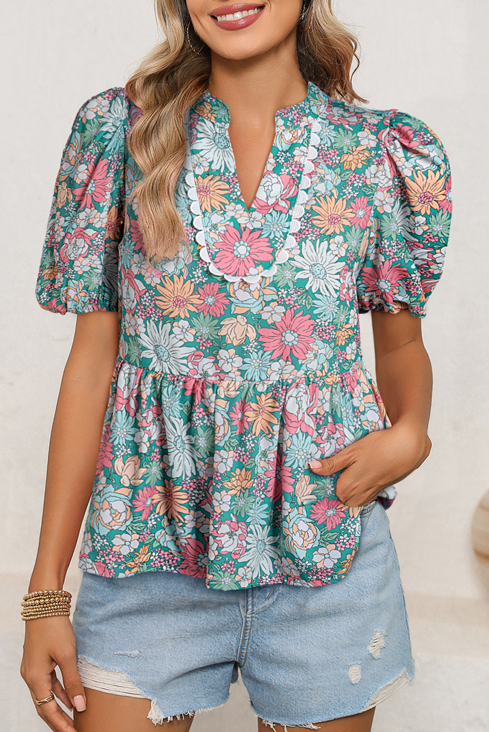 Multicolor Floral Print Short Puff Sleeve V Neck Boho Peplum Blouse