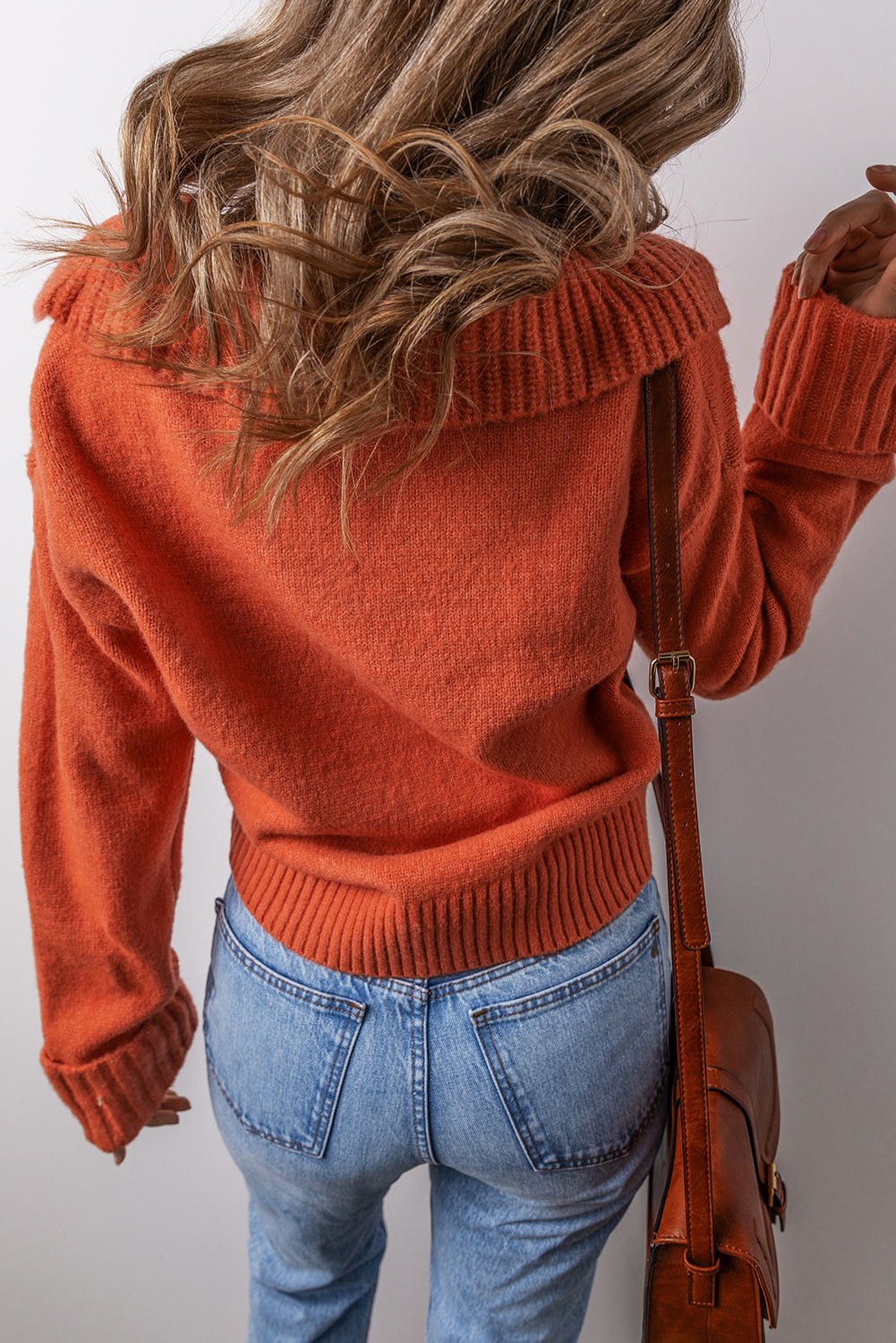 Flamingo Ribbed Edge Collared V Neck Loose Fit Sweater