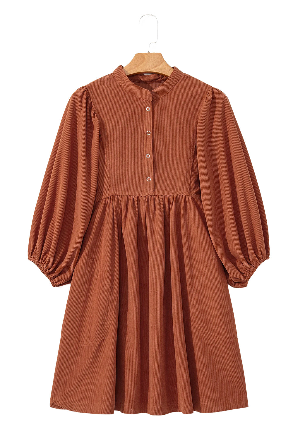Light Snap Button Empire Waist Lantern Sleeve Corduroy Dress