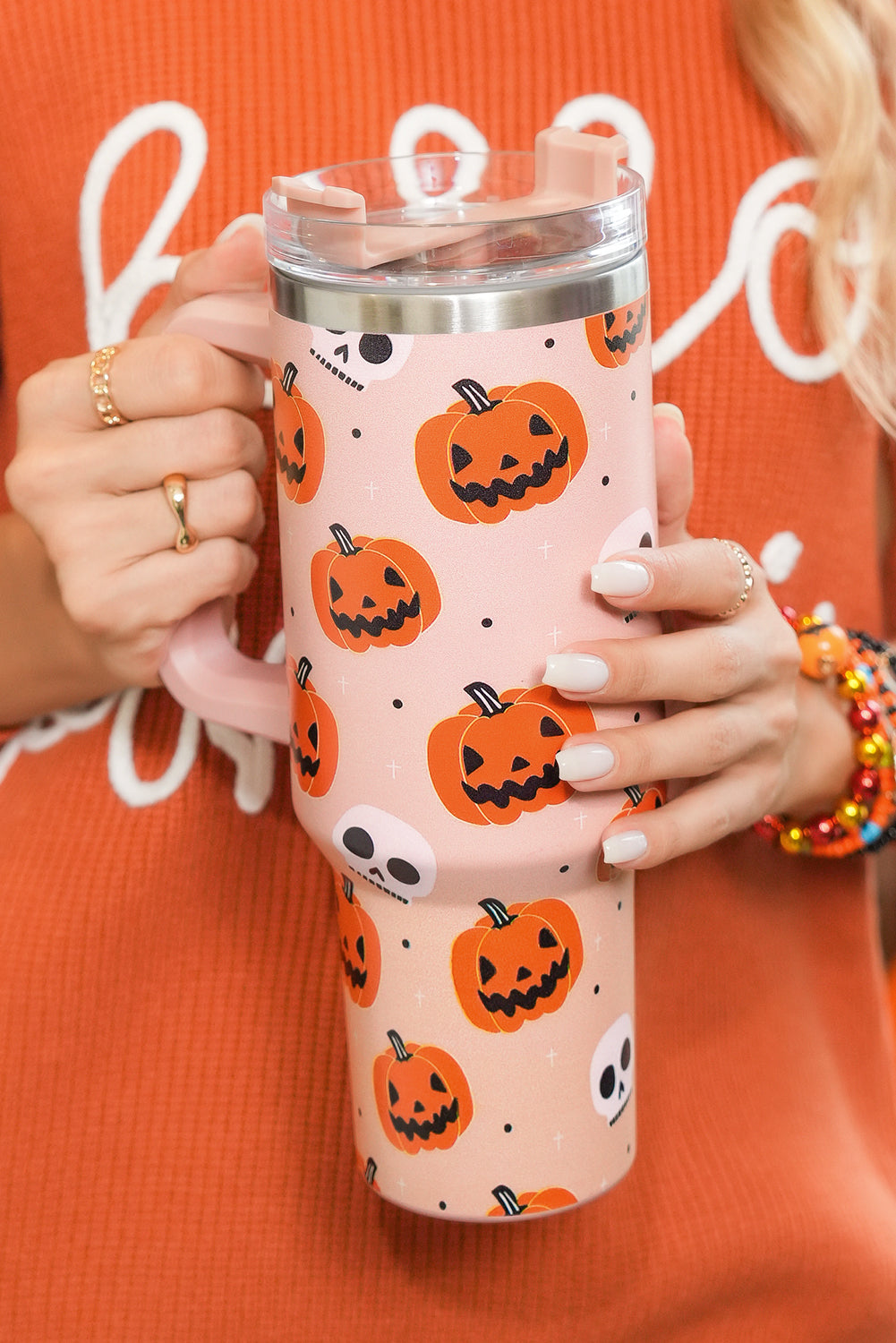 Orange Halloween Pumpkin Skull Print Handle Straw Tumbler