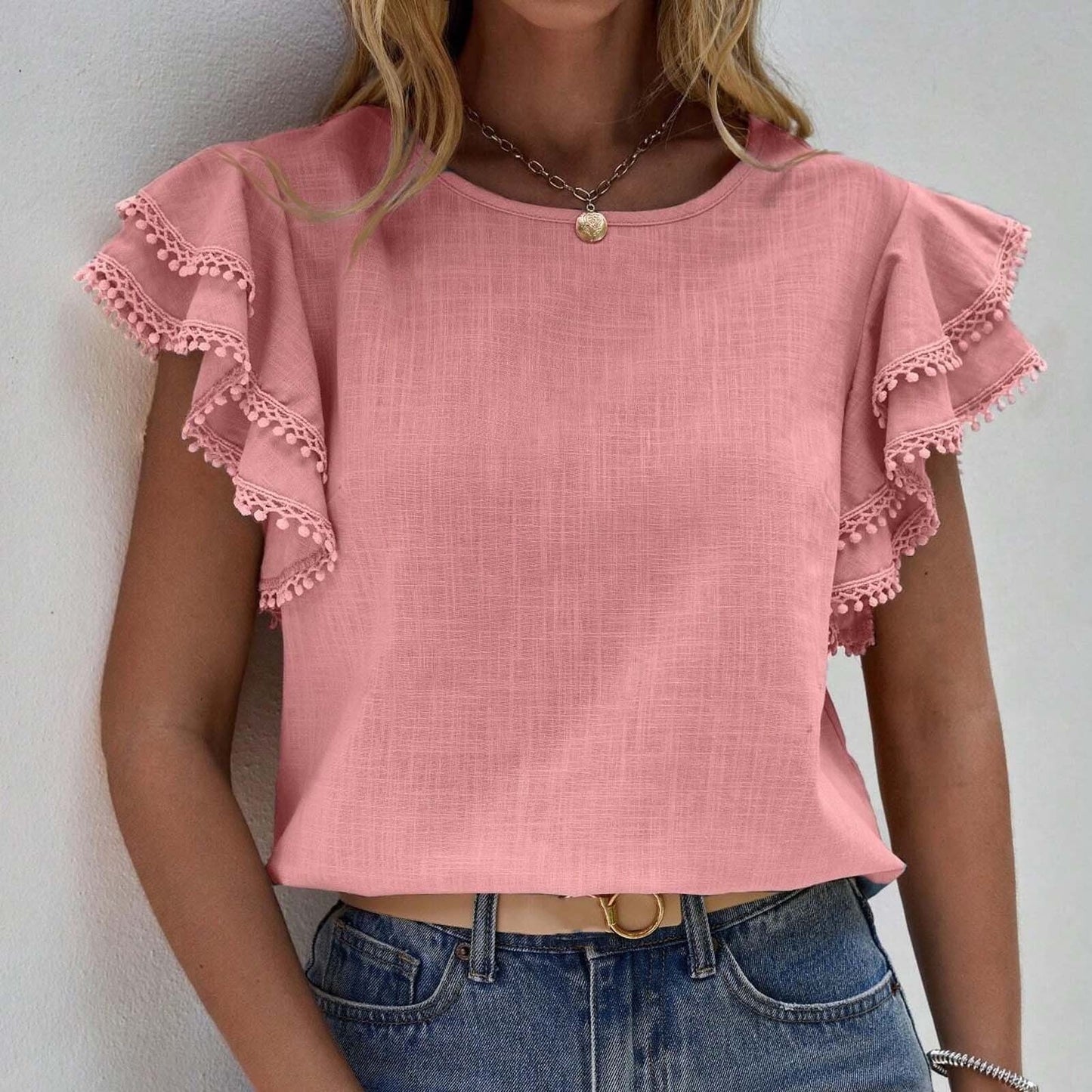 Round Neck Loose Ruffle Short Sleeved Top