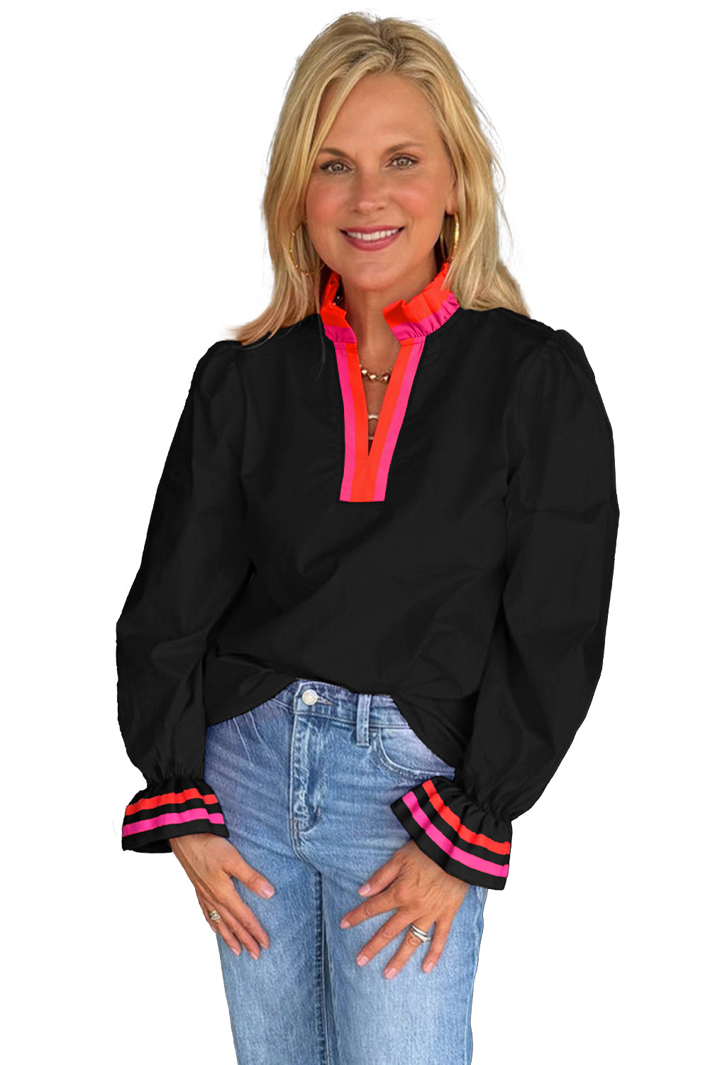 Black Striped Trim Ruffle Split Neck Long Sleeve Blouse