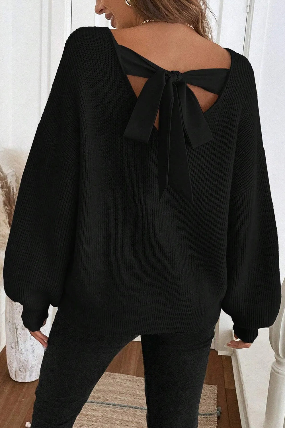 Ribbed Knit Ribbon Knot Backless Drop Shoulder Sweater