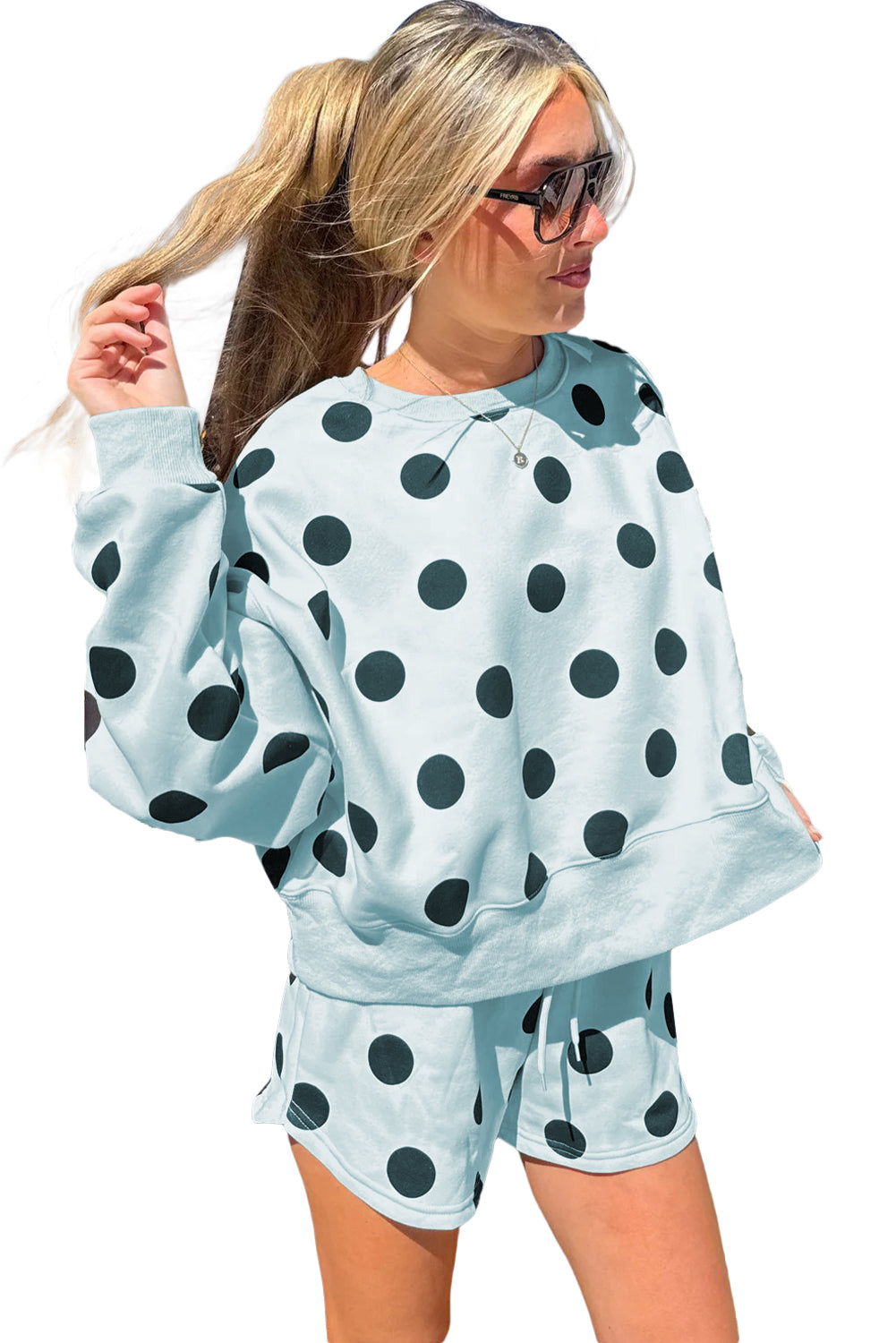 Polka Dot Print Drop Shoulder Pullover Drawstring Shorts Set