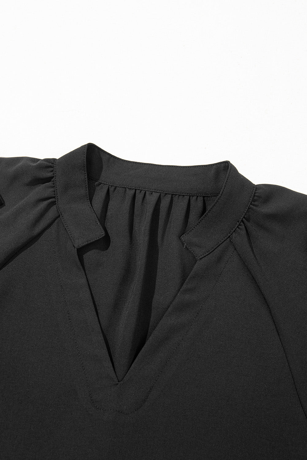Black V Neck Bow Detail Puff Sleeve Blouse