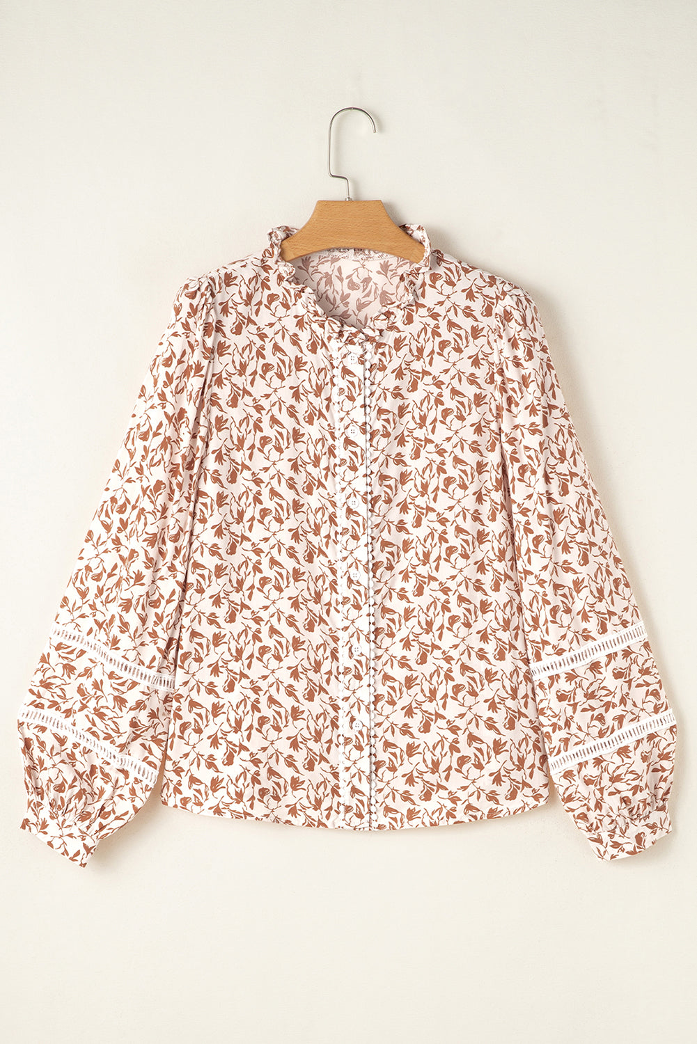 Khaki Printed Floral Print Lace Detail Puff Sleeve Shirt