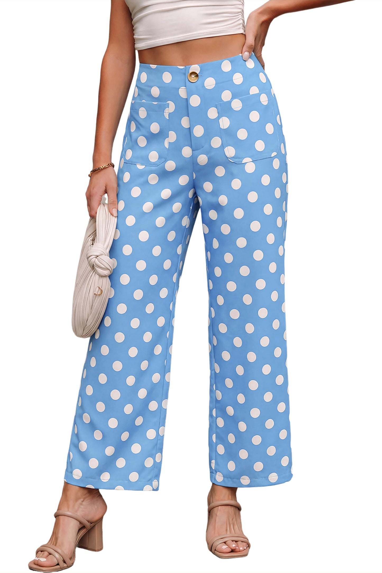 Polka Dot Print Patched Pocket Mid-rise Straight Leg Pants