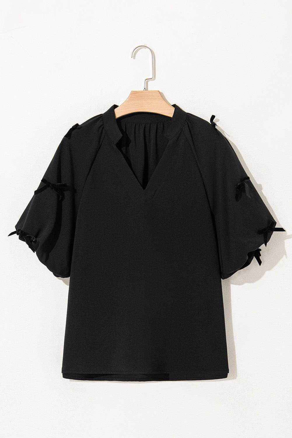 Black V Neck Bow Detail Puff Sleeve Blouse