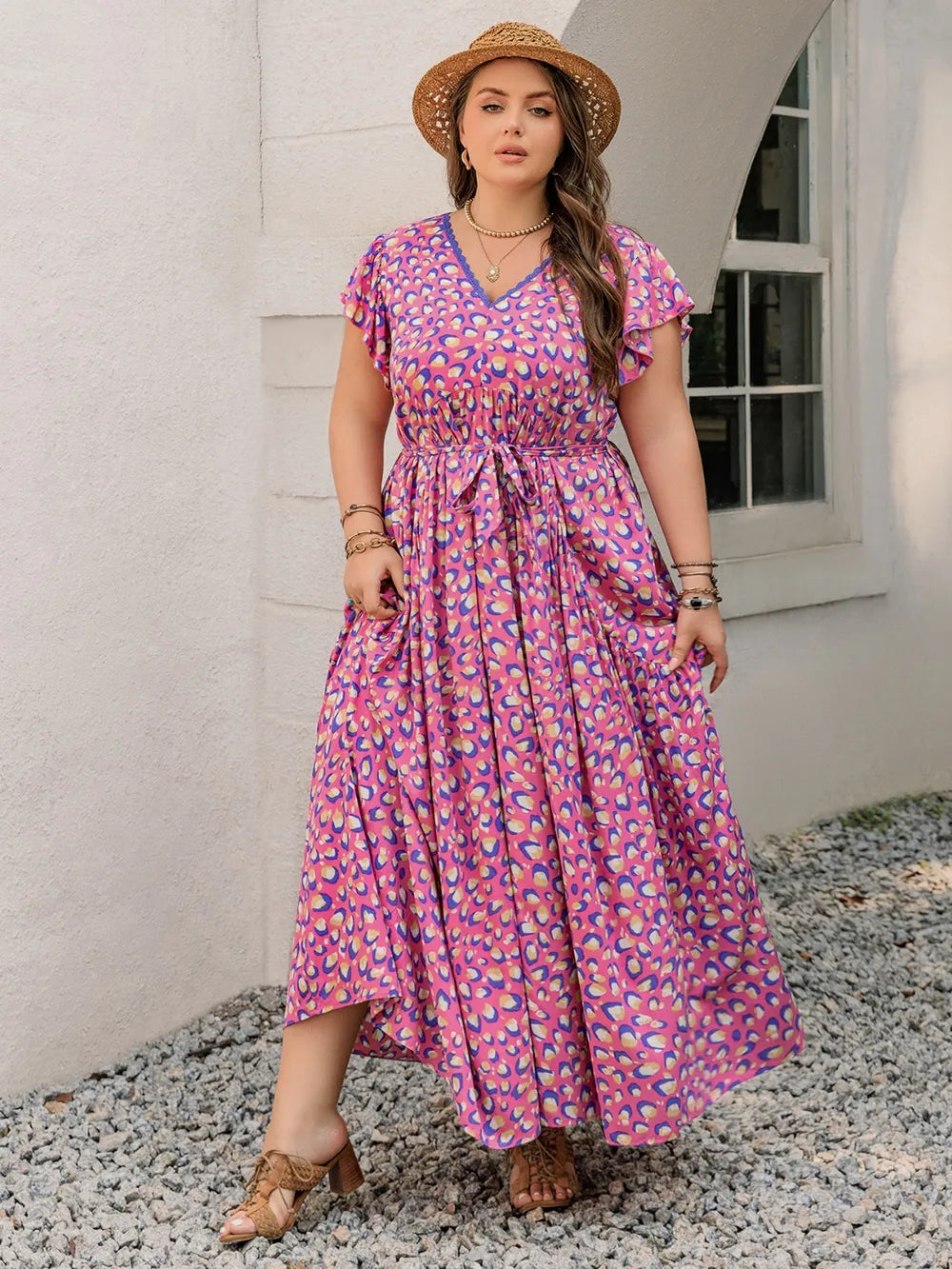 flutter sleeve maxi dress plus size Plus Size Flutter Sleeve Tiered Maxi Dress Blue Purple / 3XL