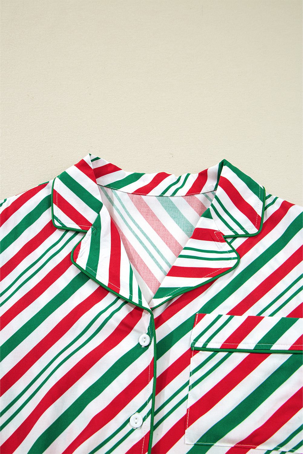 Green Striped Piping Trim Velvet Ribbon Knot Christmas Pajama Set