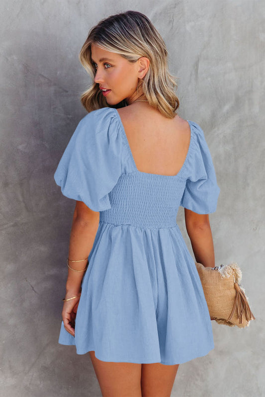 Square Neck Ruched Puff Sleeve Romper