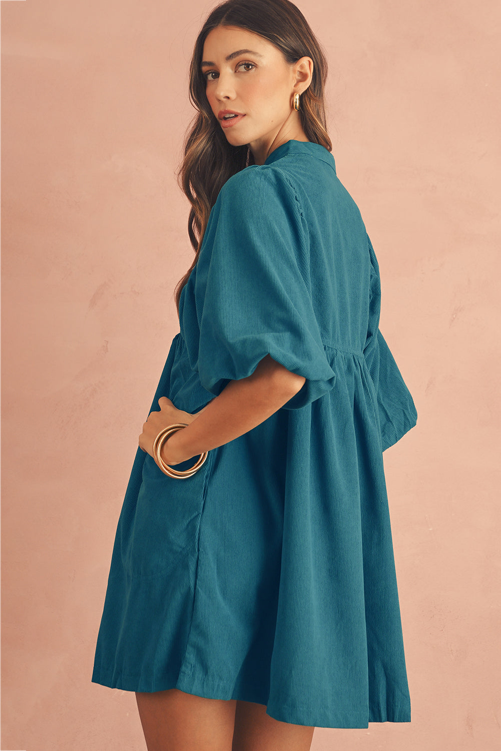 Light Snap Button Empire Waist Lantern Sleeve Corduroy Dress