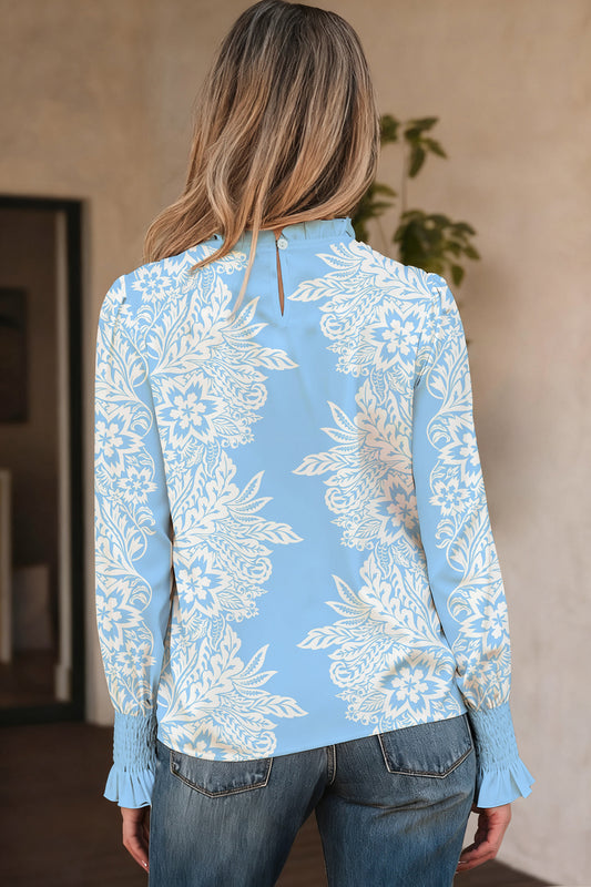 Sky Blue Ruffled Collar Puff Sleeve Flower Blouse
