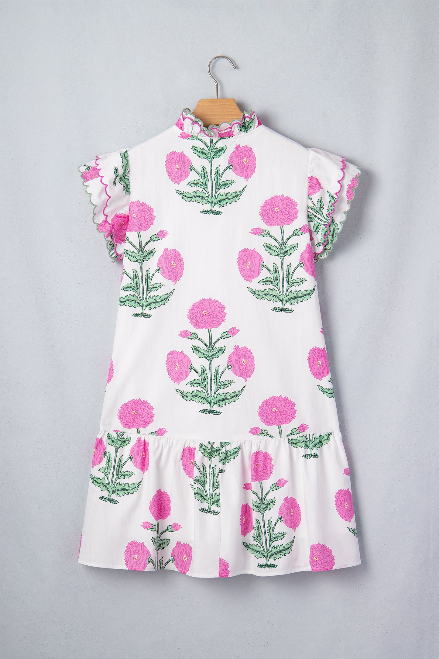 Wild Floral Print Scalloped Embroidery Trim V Neck Drop Waist Mini Dress