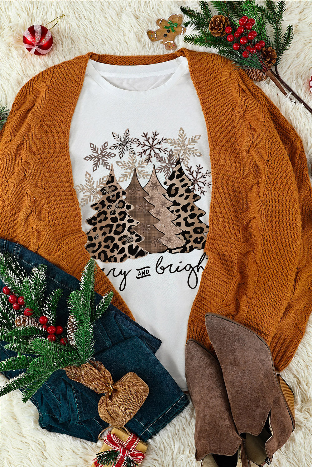 Black Leopard Christmas Tree Heat Transfer Printing Crew Neck Graphic T Shirt