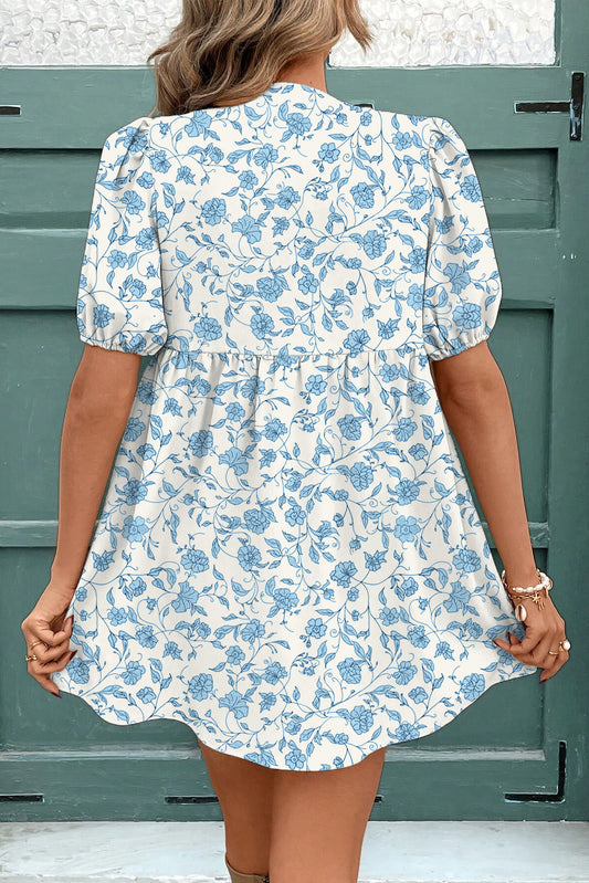 Floral Contrast Bow Puff Sleeve Mini Dress
