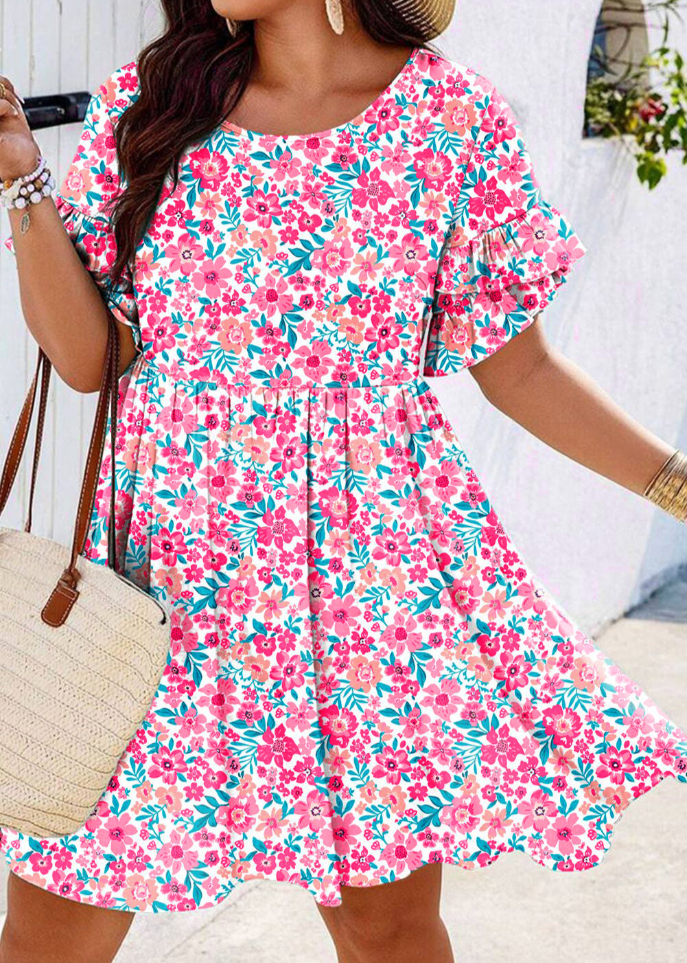 White Plus Size Floral Print Ruffle Short Sleeve Flare Dress Faboutique White Plus Size Floral Print Ruffle Short Sleeve Flare Dress Faboutique