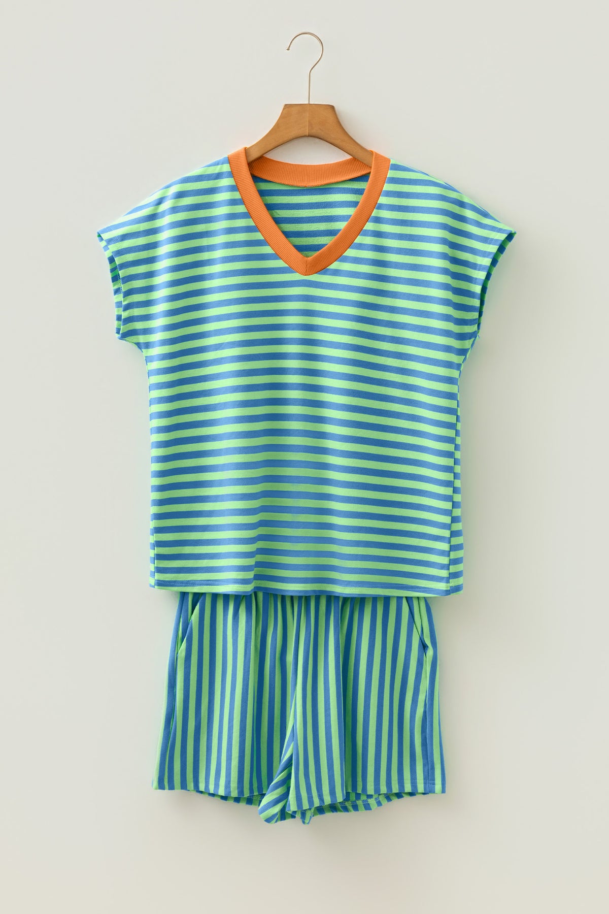 Stripe Colorblock Trim V Neck Tee Drawstring Elastic Waist Short Set