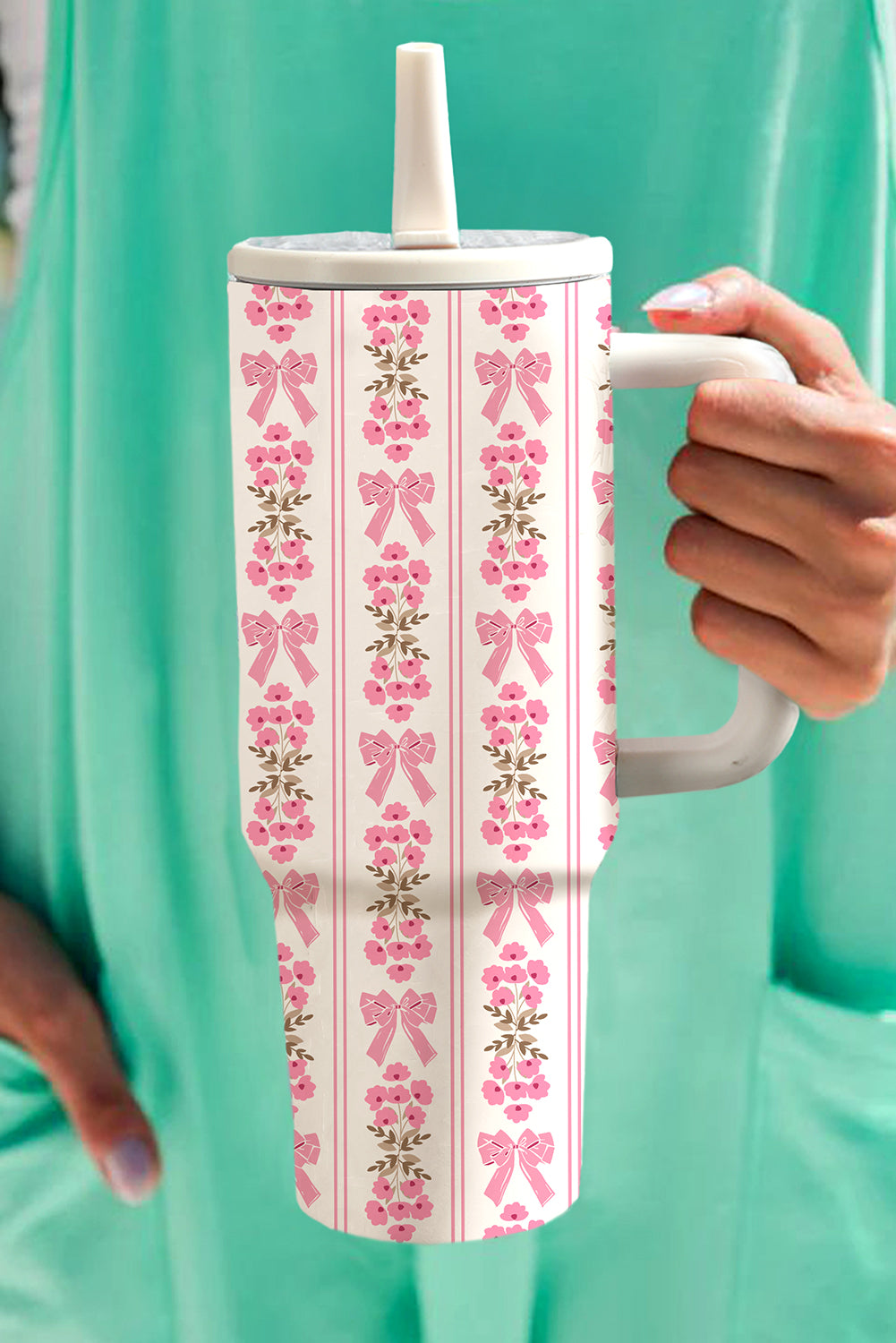 White Bow and Flower Striped 40oz Tumbler Cup