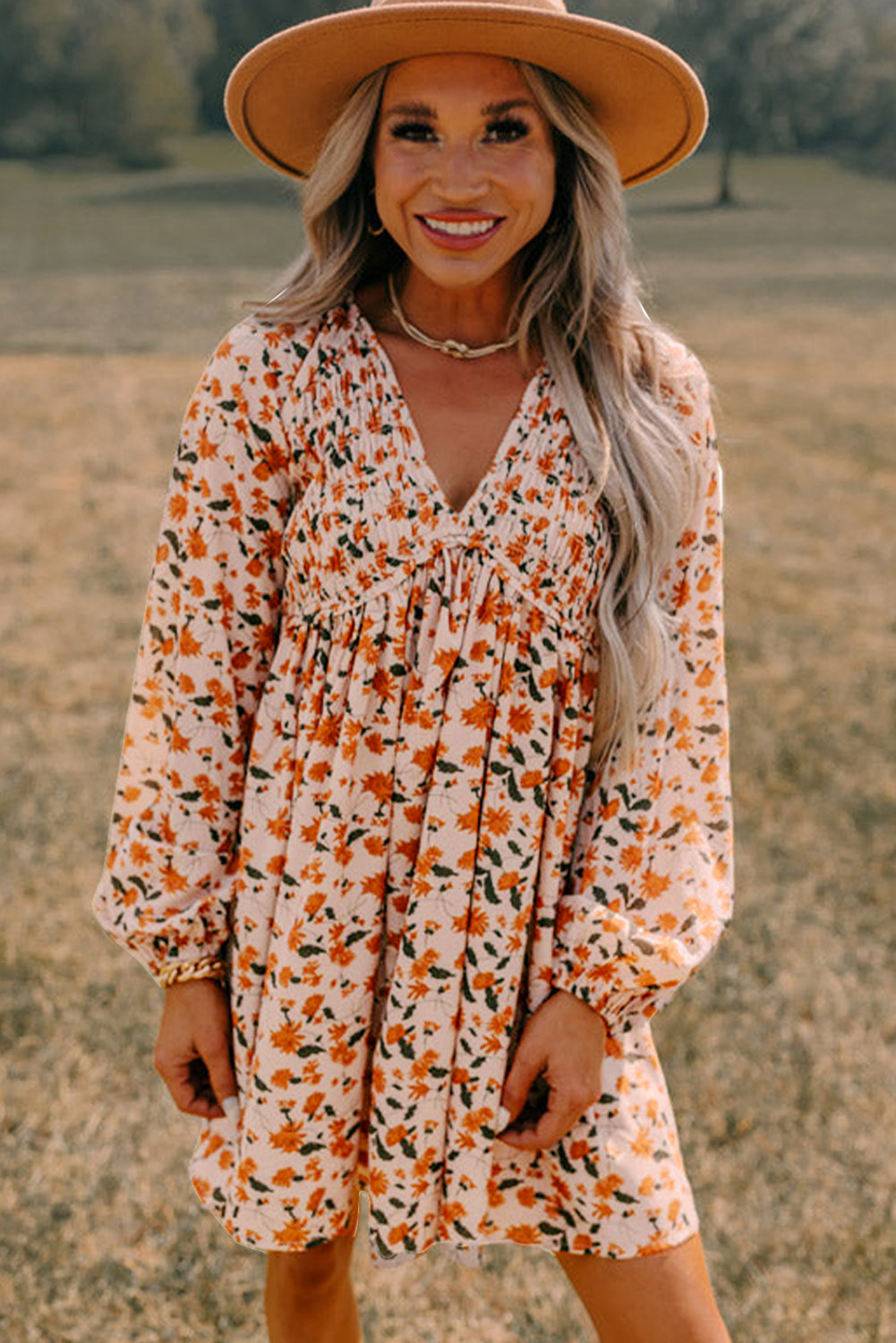 Floral Smocked V Neck Bubble Sleeve Babydoll Dress