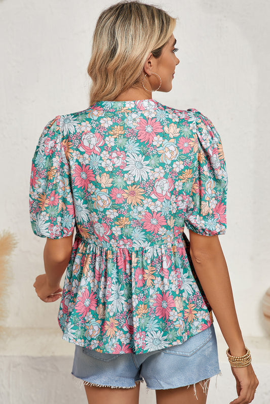 Multicolor Floral Print Short Puff Sleeve V Neck Boho Peplum Blouse