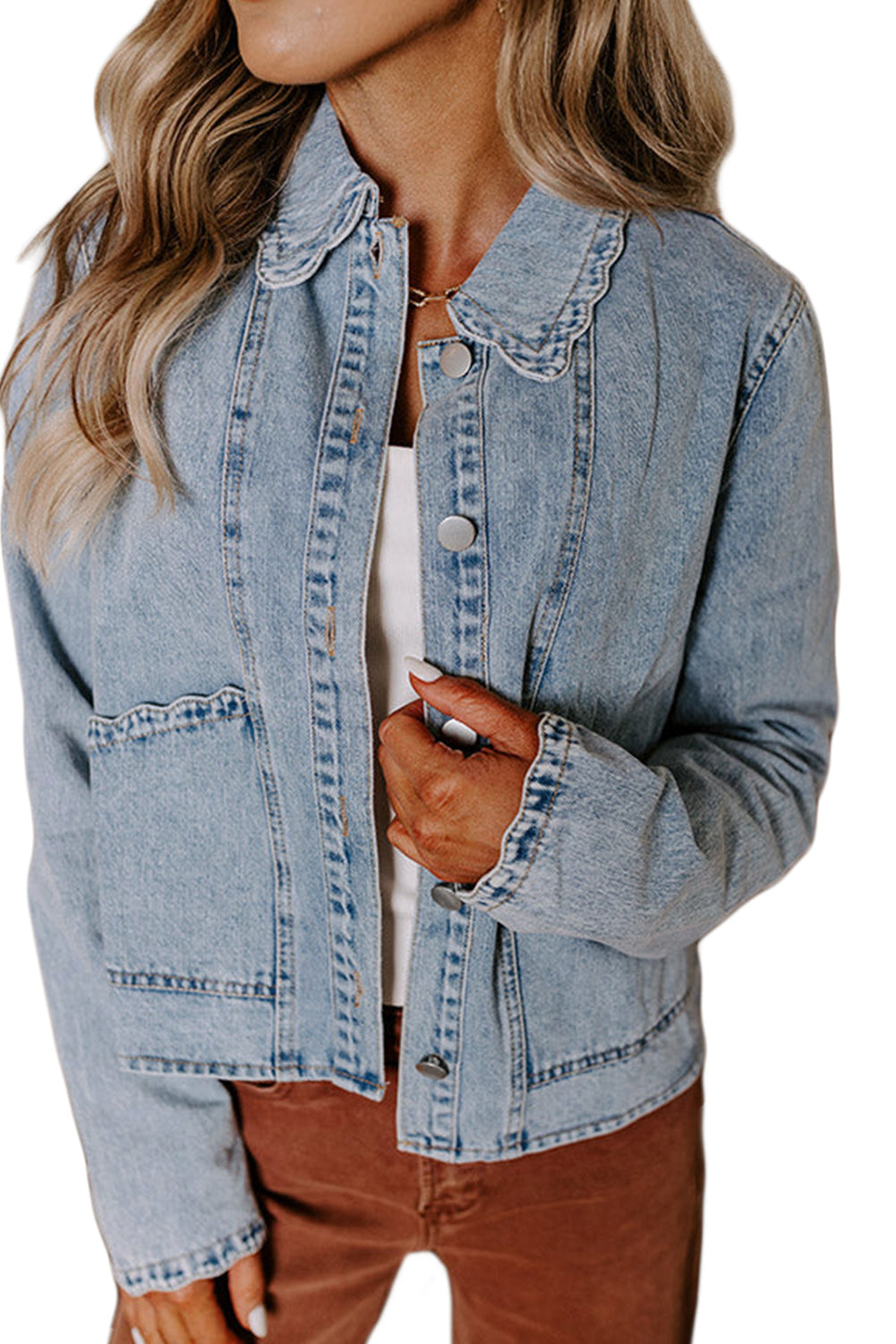Myosotis Scallop Trim Collar Pocket Button Up Denim Jacket