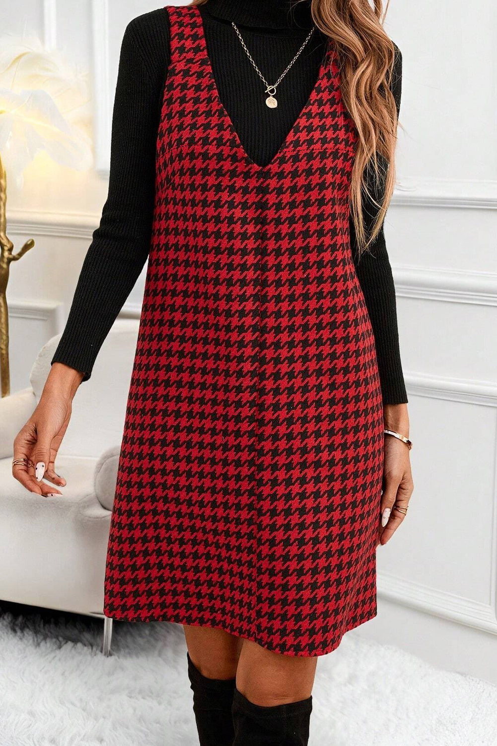 Houndstooth Print V Neck Sleeveless Mini Dress