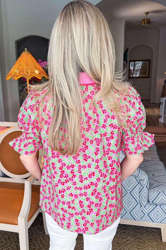 Rose Blooms Floral Collared V Neck Short Puff Sleeve Blouse Top