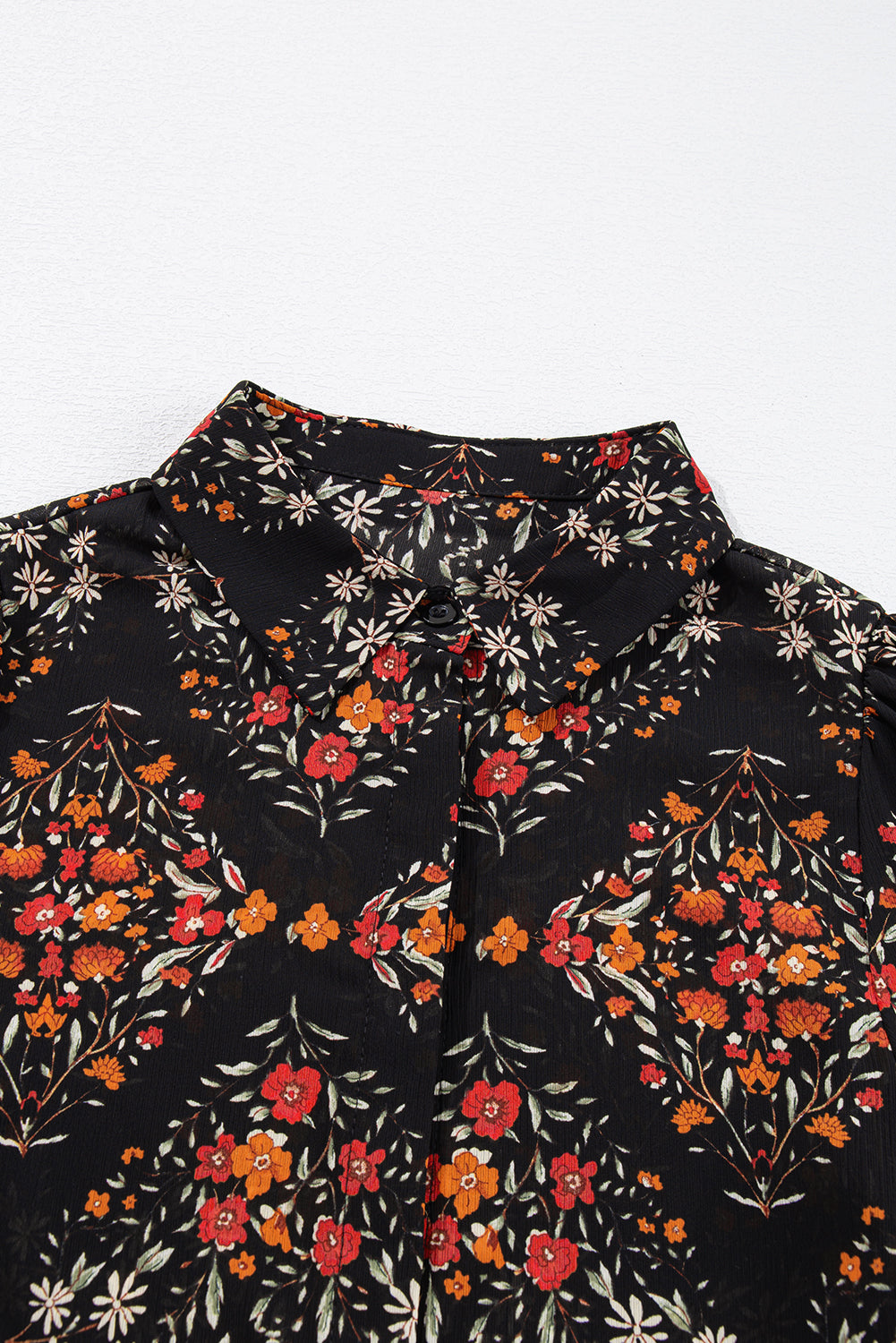 Strawberry Pink Floral Print Collared Button Up Puff Sleeve Shirt