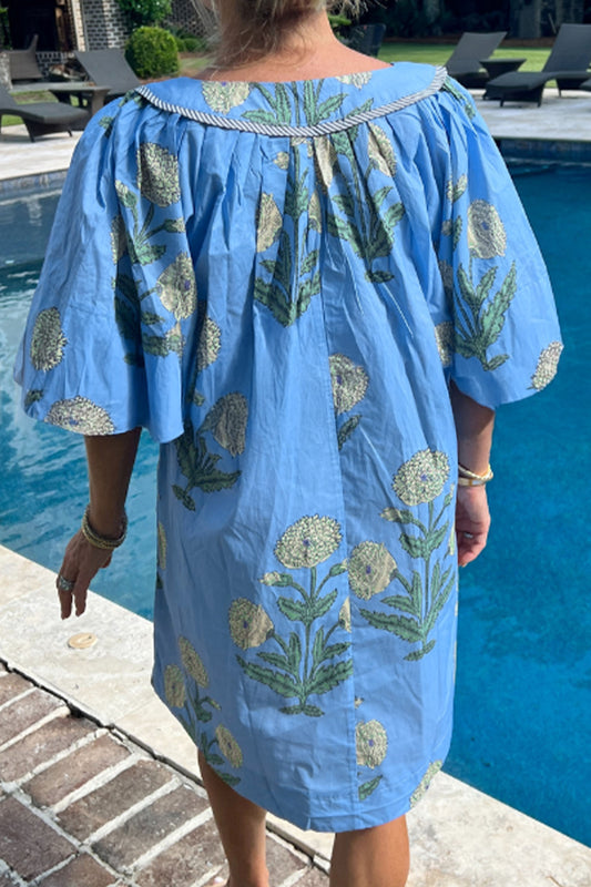 Sky Blue Plus Periwinkle Floral Printed Short Sleeve Striped Trim Split Neck Mini Dress