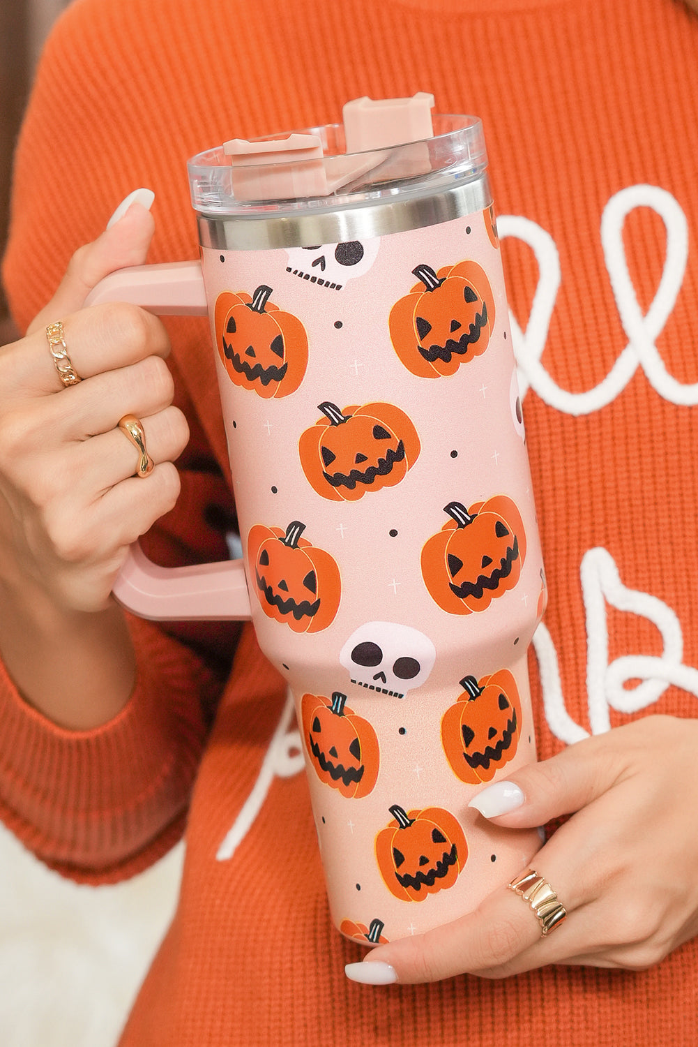 Orange Halloween Pumpkin Skull Print Handle Straw Tumbler