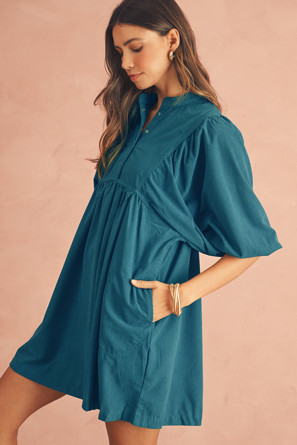 Light Snap Button Empire Waist Lantern Sleeve Corduroy Dress
