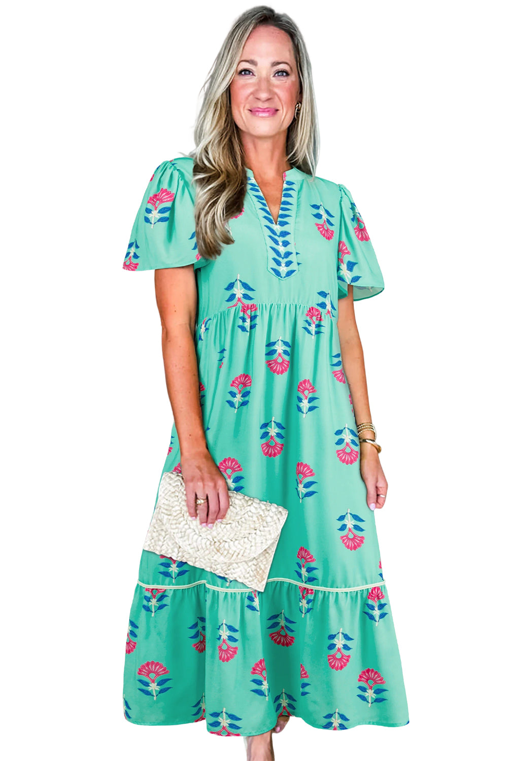 Blue Floral Print Notched Neck Flounce Sleeve Maxi Dress