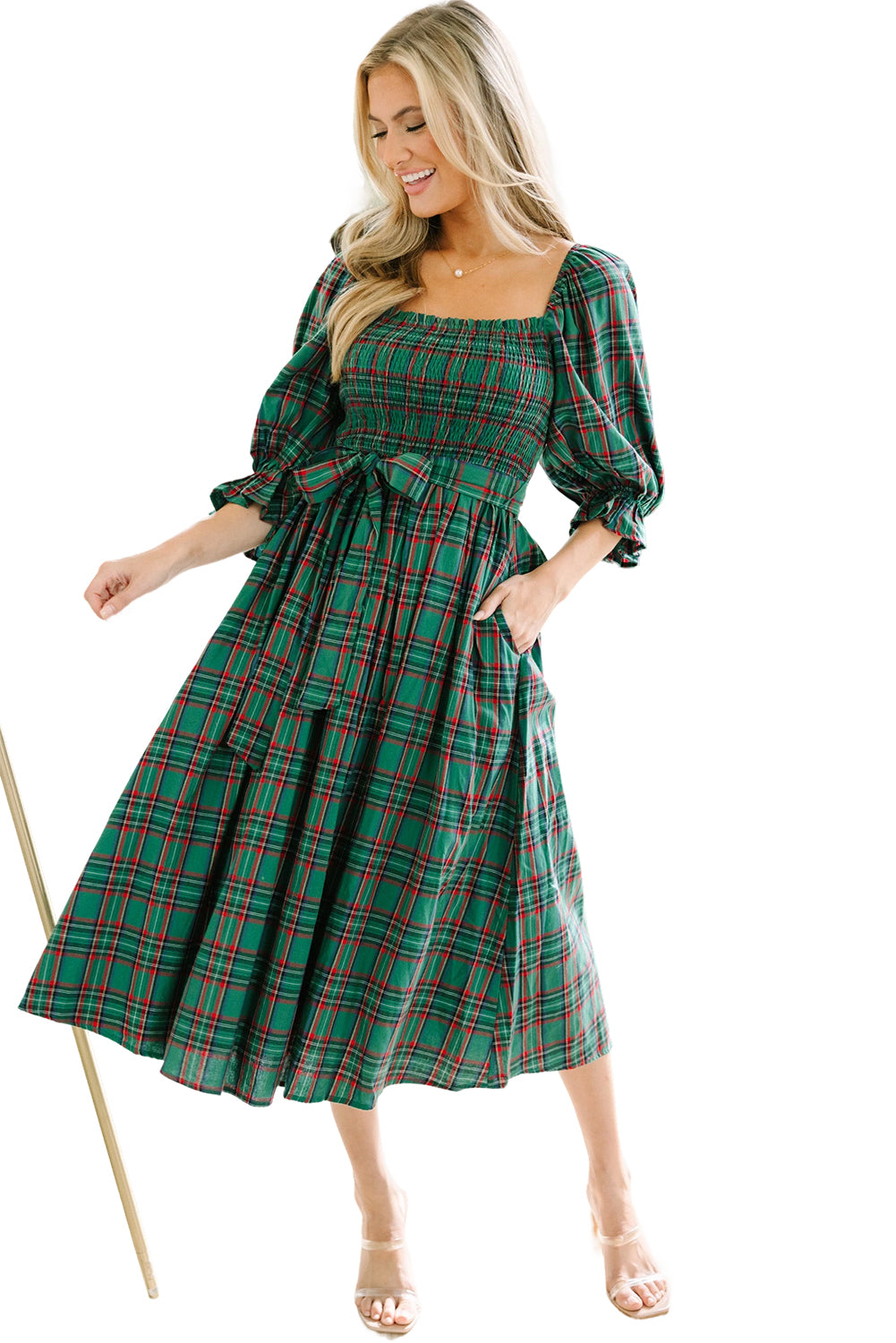 Plaid Square Neck Puff Sleeve Bowknot Waist Flared Midi Dress