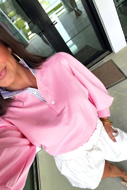 Bonbon Striped Collar Puff Sleeve Top