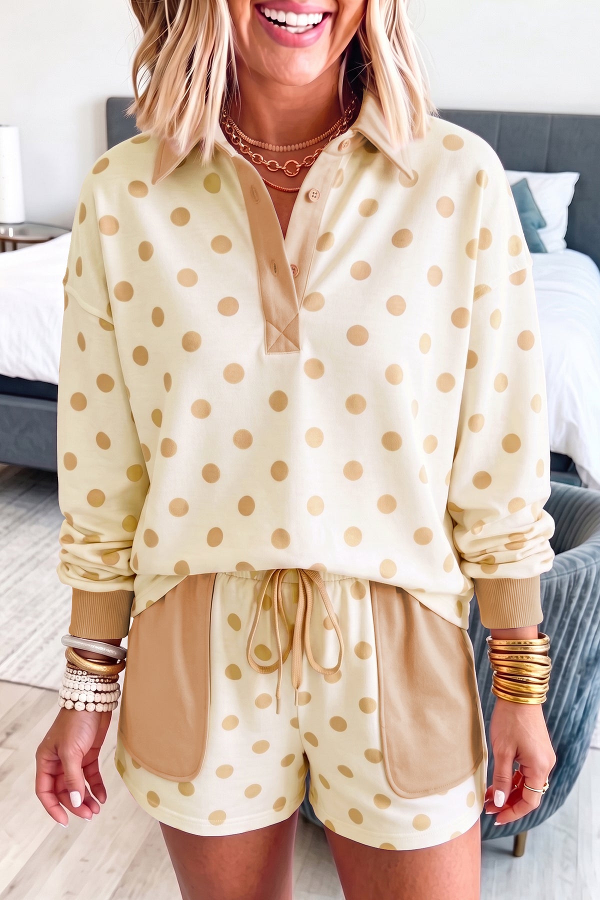 Polka Dot Drop Shoulder Polo Loose Pullover Patch Pocket Casual Shorts Set