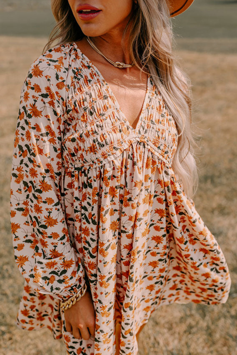 Floral Smocked V Neck Bubble Sleeve Babydoll Dress