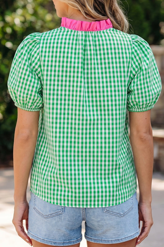 Gingham Plaid Bubble Sleeve Colorblock Trim V Neck Blouse